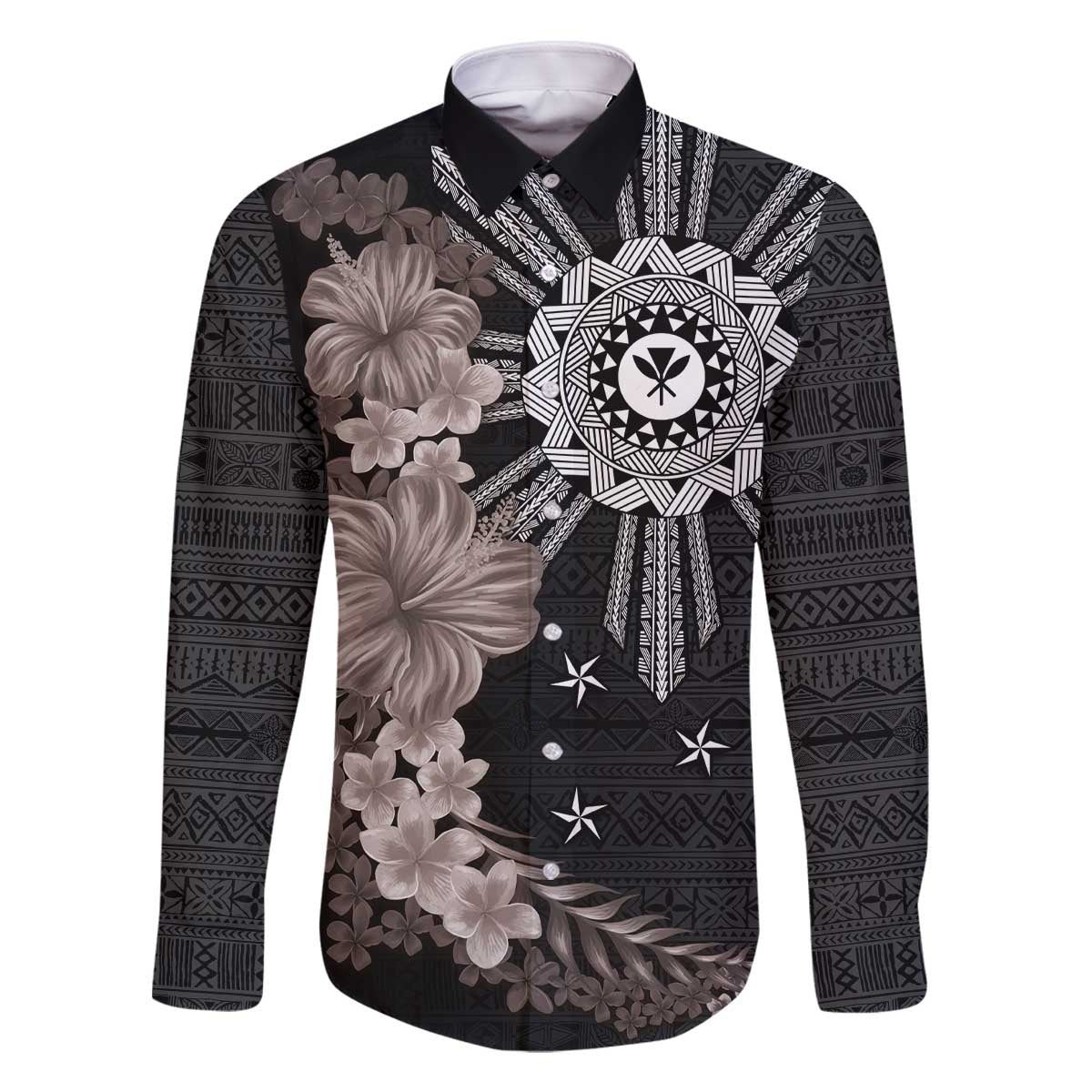 Hawaii and Philippines Together Family Matching Off The Shoulder Long Sleeve Dress and Hawaiian Shirt Hibiscus Flower and Sun Badge Polynesian Pattern Grayscale LT03 Dad's Shirt - Long Sleeve Black - Polynesian Pride
