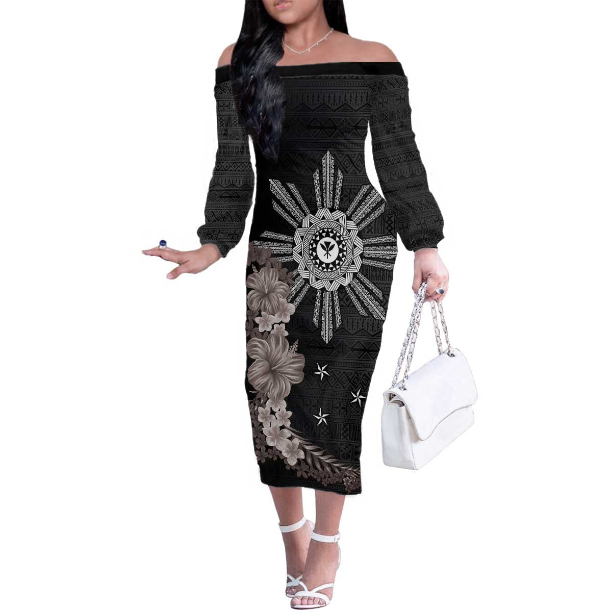 Hawaii and Philippines Together Family Matching Off The Shoulder Long Sleeve Dress and Hawaiian Shirt Hibiscus Flower and Sun Badge Polynesian Pattern Grayscale LT03 Mom's Dress Black - Polynesian Pride