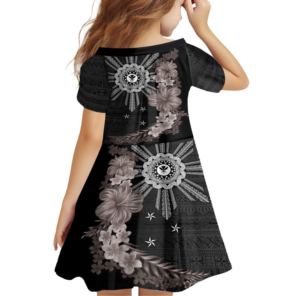 Hawaii and Philippines Together Family Matching Off Shoulder Maxi Dress and Hawaiian Shirt Hibiscus Flower and Sun Badge Polynesian Pattern Grayscale LT03 - Polynesian Pride