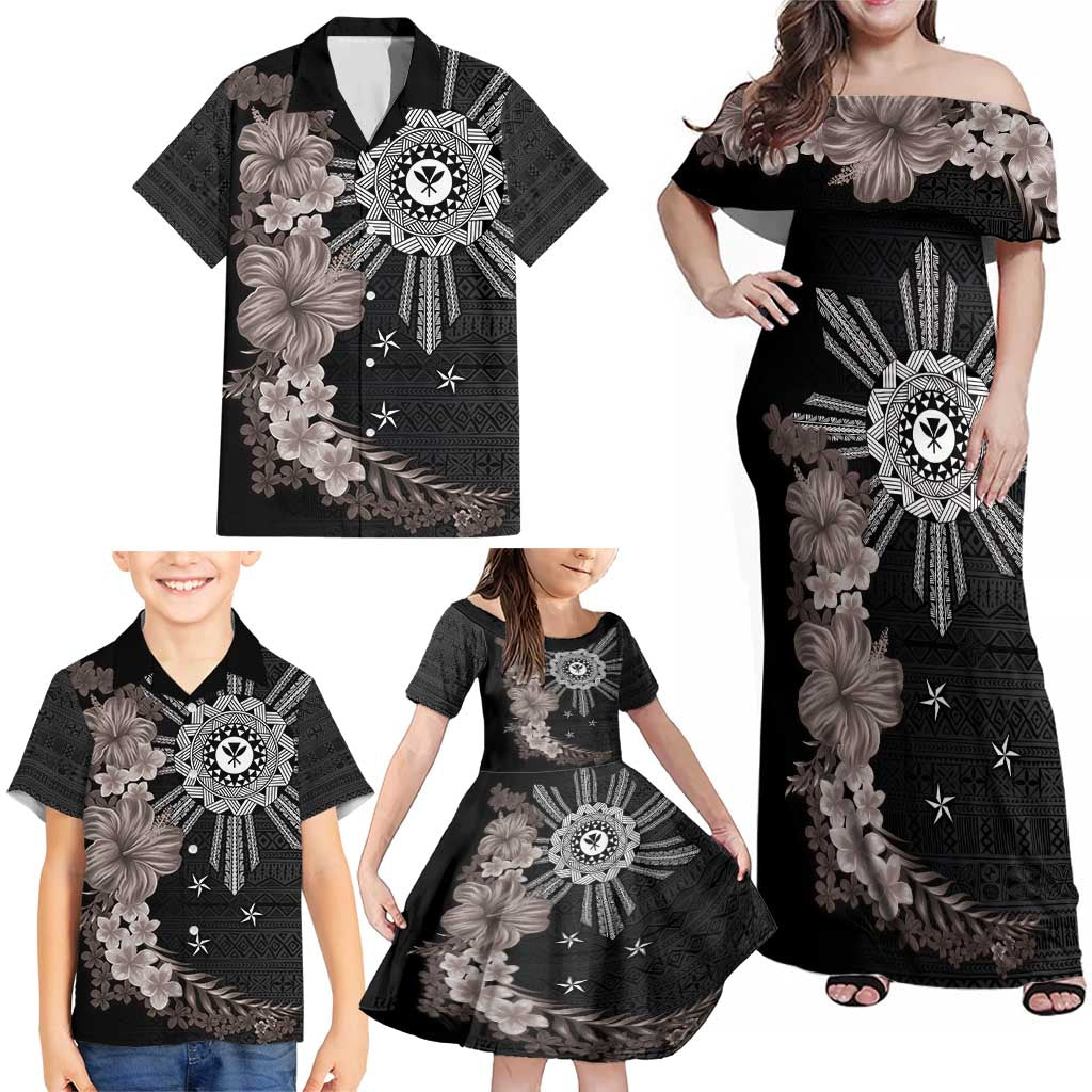 Hawaii and Philippines Together Family Matching Off Shoulder Maxi Dress and Hawaiian Shirt Hibiscus Flower and Sun Badge Polynesian Pattern Grayscale LT03 - Polynesian Pride
