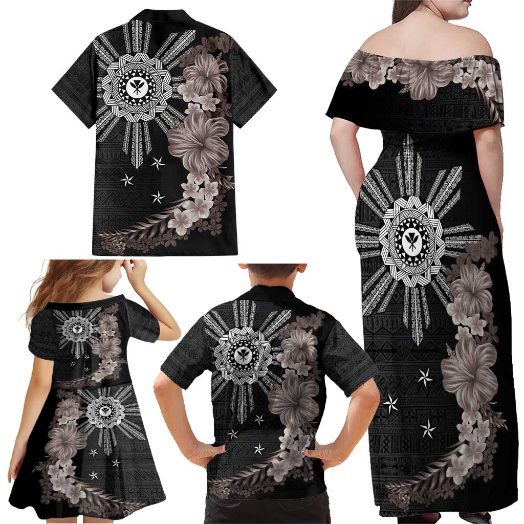 Hawaii and Philippines Together Family Matching Off Shoulder Maxi Dress and Hawaiian Shirt Hibiscus Flower and Sun Badge Polynesian Pattern Grayscale LT03 - Polynesian Pride