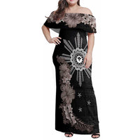 Hawaii and Philippines Together Family Matching Off Shoulder Maxi Dress and Hawaiian Shirt Hibiscus Flower and Sun Badge Polynesian Pattern Grayscale LT03 Mom's Dress Black - Polynesian Pride