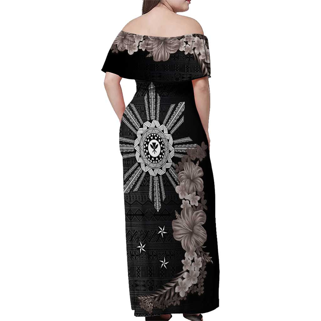 Hawaii and Philippines Together Family Matching Off Shoulder Maxi Dress and Hawaiian Shirt Hibiscus Flower and Sun Badge Polynesian Pattern Grayscale LT03 - Polynesian Pride