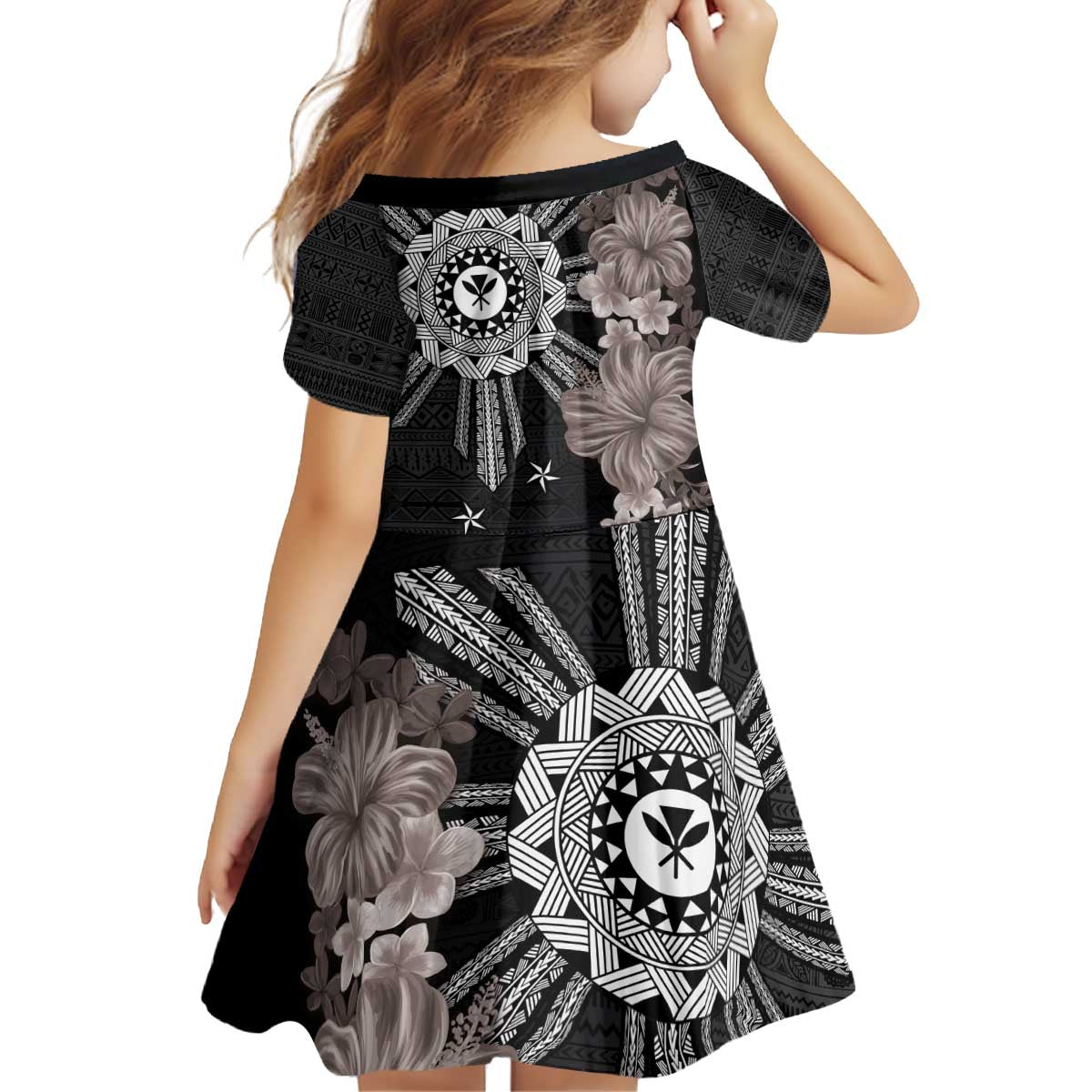Hawaii and Philippines Together Family Matching Off Shoulder Short Dress and Hawaiian Shirt Hibiscus Flower and Sun Badge Polynesian Pattern Grayscale LT03 - Polynesian Pride