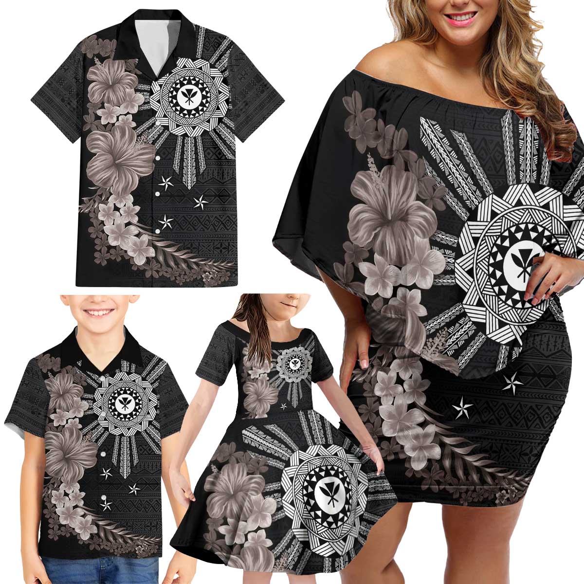 Hawaii and Philippines Together Family Matching Off Shoulder Short Dress and Hawaiian Shirt Hibiscus Flower and Sun Badge Polynesian Pattern Grayscale LT03 - Polynesian Pride