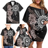 Hawaii and Philippines Together Family Matching Off Shoulder Short Dress and Hawaiian Shirt Hibiscus Flower and Sun Badge Polynesian Pattern Grayscale LT03 - Polynesian Pride