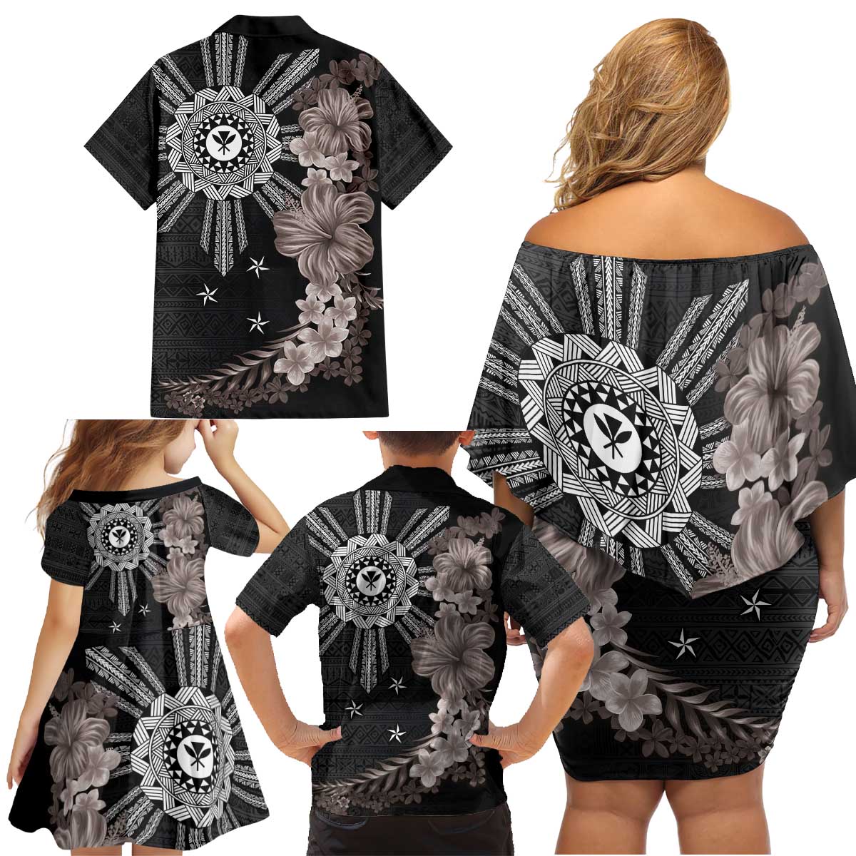 Hawaii and Philippines Together Family Matching Off Shoulder Short Dress and Hawaiian Shirt Hibiscus Flower and Sun Badge Polynesian Pattern Grayscale LT03 - Polynesian Pride