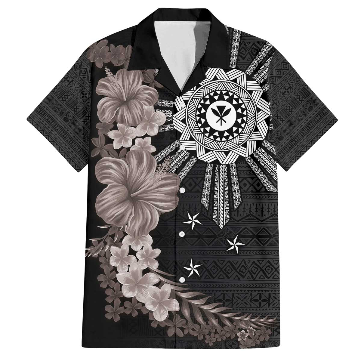 Hawaii and Philippines Together Family Matching Off Shoulder Short Dress and Hawaiian Shirt Hibiscus Flower and Sun Badge Polynesian Pattern Grayscale LT03 Dad's Shirt - Short Sleeve Black - Polynesian Pride