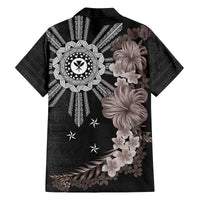 Hawaii and Philippines Together Family Matching Off Shoulder Short Dress and Hawaiian Shirt Hibiscus Flower and Sun Badge Polynesian Pattern Grayscale LT03 - Polynesian Pride