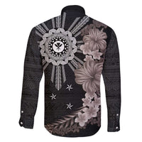 Hawaii and Philippines Together Family Matching Off Shoulder Short Dress and Hawaiian Shirt Hibiscus Flower and Sun Badge Polynesian Pattern Grayscale LT03 - Polynesian Pride