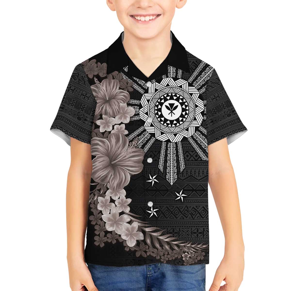 Hawaii and Philippines Together Family Matching Off Shoulder Short Dress and Hawaiian Shirt Hibiscus Flower and Sun Badge Polynesian Pattern Grayscale LT03 Son's Shirt Black - Polynesian Pride