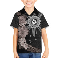 Hawaii and Philippines Together Family Matching Off Shoulder Short Dress and Hawaiian Shirt Hibiscus Flower and Sun Badge Polynesian Pattern Grayscale LT03 Son's Shirt Black - Polynesian Pride
