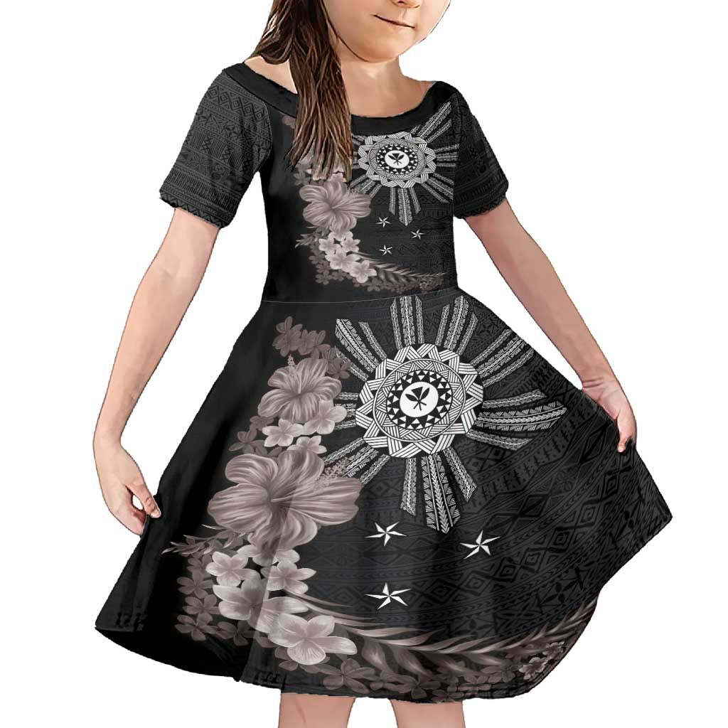 Hawaii and Philippines Together Family Matching Short Sleeve Bodycon Dress and Hawaiian Shirt Hibiscus Flower and Sun Badge Polynesian Pattern Grayscale LT03 Daughter's Dress Black - Polynesian Pride