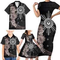 Hawaii and Philippines Together Family Matching Short Sleeve Bodycon Dress and Hawaiian Shirt Hibiscus Flower and Sun Badge Polynesian Pattern Grayscale LT03 - Polynesian Pride