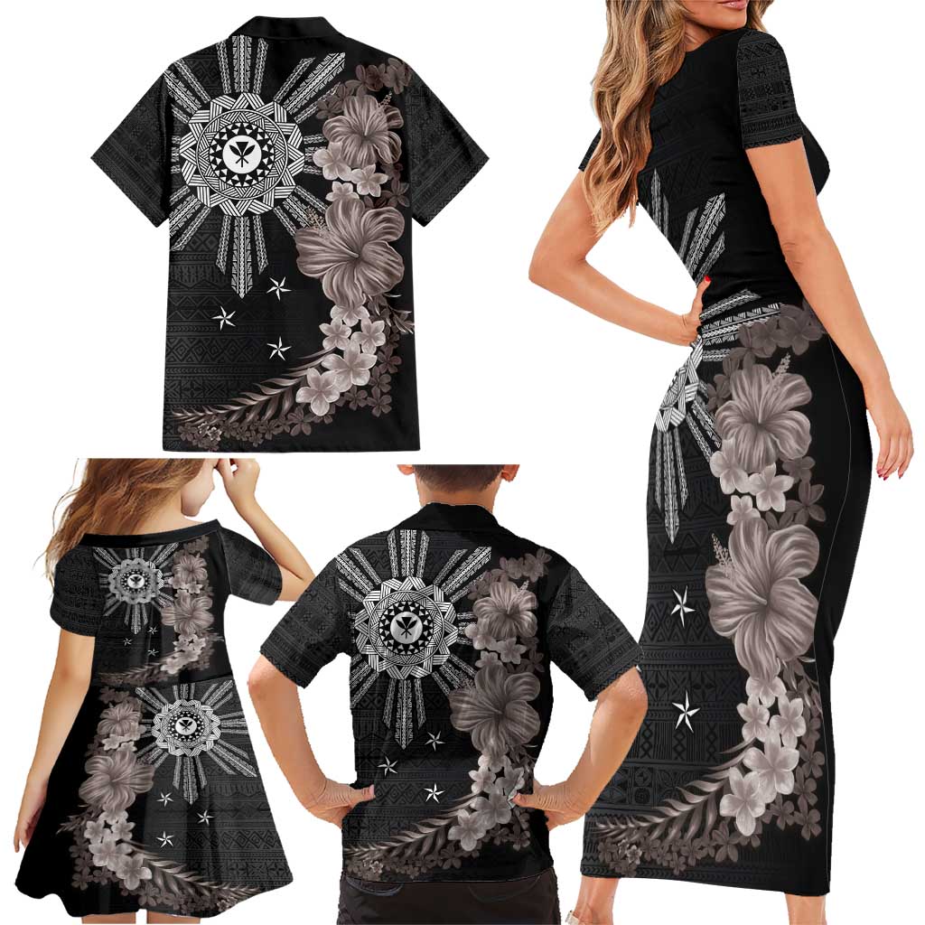 Hawaii and Philippines Together Family Matching Short Sleeve Bodycon Dress and Hawaiian Shirt Hibiscus Flower and Sun Badge Polynesian Pattern Grayscale LT03 - Polynesian Pride