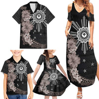 Hawaii and Philippines Together Family Matching Summer Maxi Dress and Hawaiian Shirt Hibiscus Flower and Sun Badge Polynesian Pattern Grayscale LT03 - Polynesian Pride