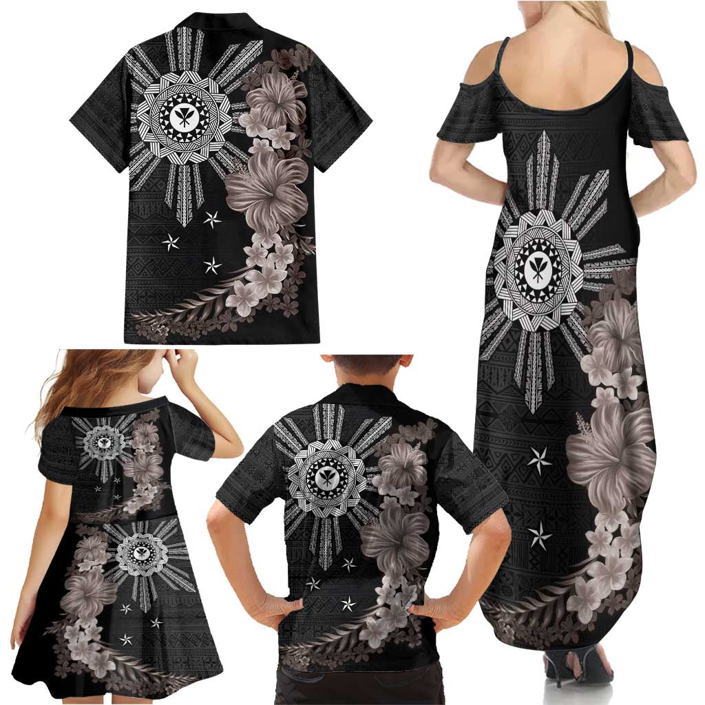 Hawaii and Philippines Together Family Matching Summer Maxi Dress and Hawaiian Shirt Hibiscus Flower and Sun Badge Polynesian Pattern Grayscale LT03 - Polynesian Pride