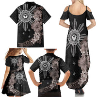 Hawaii and Philippines Together Family Matching Summer Maxi Dress and Hawaiian Shirt Hibiscus Flower and Sun Badge Polynesian Pattern Grayscale LT03 - Polynesian Pride