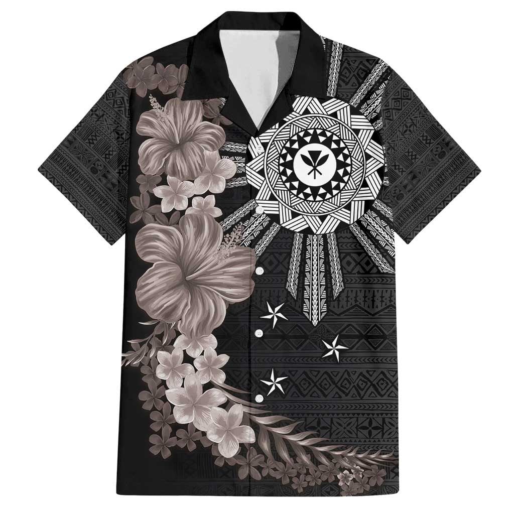 Hawaii and Philippines Together Family Matching Summer Maxi Dress and Hawaiian Shirt Hibiscus Flower and Sun Badge Polynesian Pattern Grayscale LT03 Dad's Shirt - Short Sleeve Black - Polynesian Pride