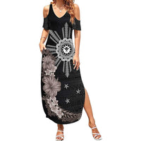 Hawaii and Philippines Together Family Matching Summer Maxi Dress and Hawaiian Shirt Hibiscus Flower and Sun Badge Polynesian Pattern Grayscale LT03 Mom's Dress Black - Polynesian Pride