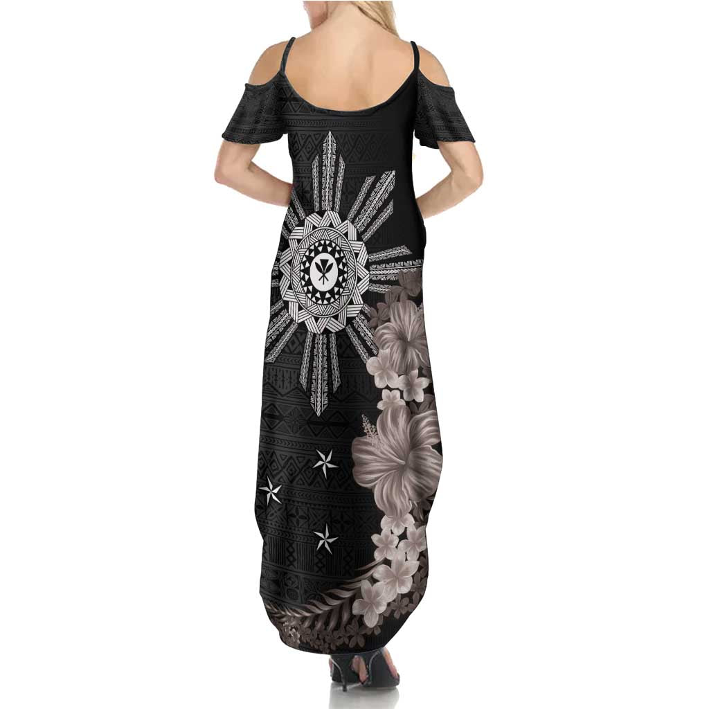 Hawaii and Philippines Together Family Matching Summer Maxi Dress and Hawaiian Shirt Hibiscus Flower and Sun Badge Polynesian Pattern Grayscale LT03 - Polynesian Pride