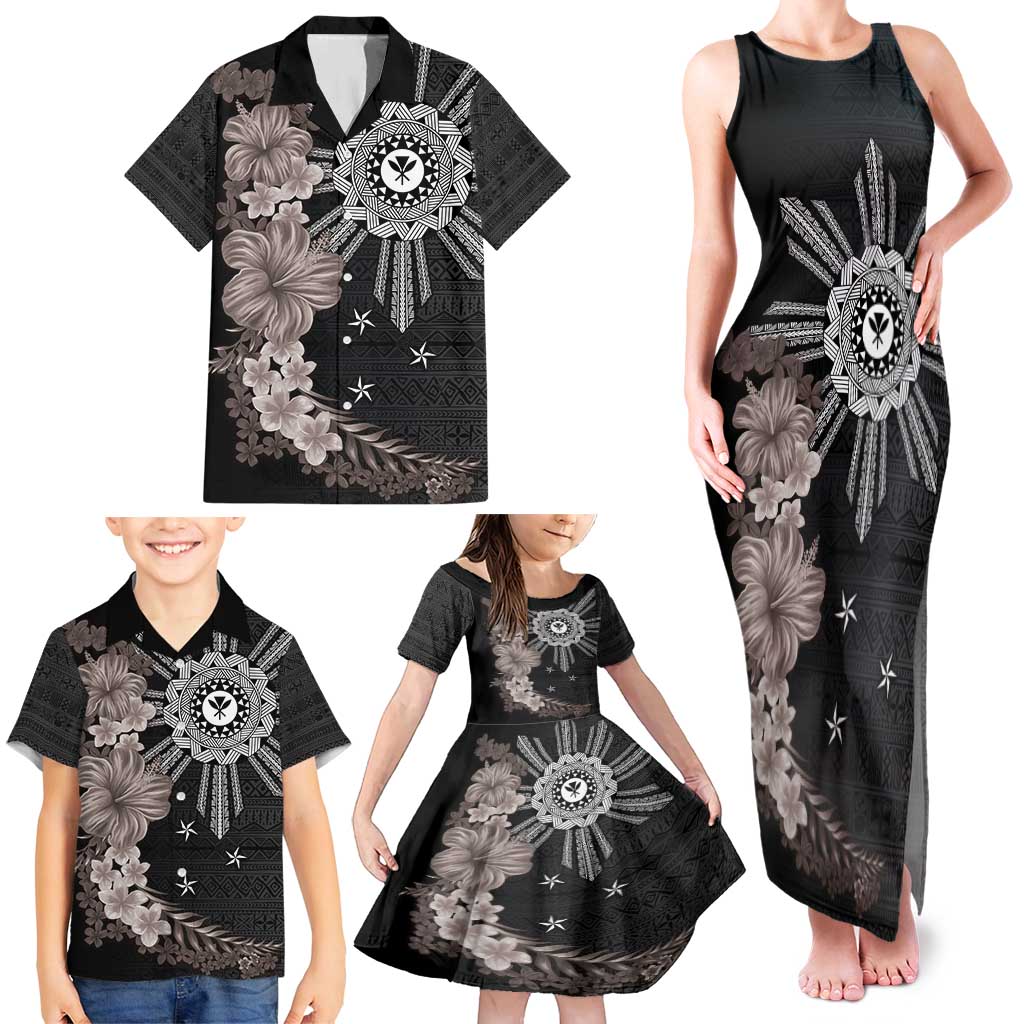 Hawaii and Philippines Together Family Matching Tank Maxi Dress and Hawaiian Shirt Hibiscus Flower and Sun Badge Polynesian Pattern Grayscale LT03 - Polynesian Pride