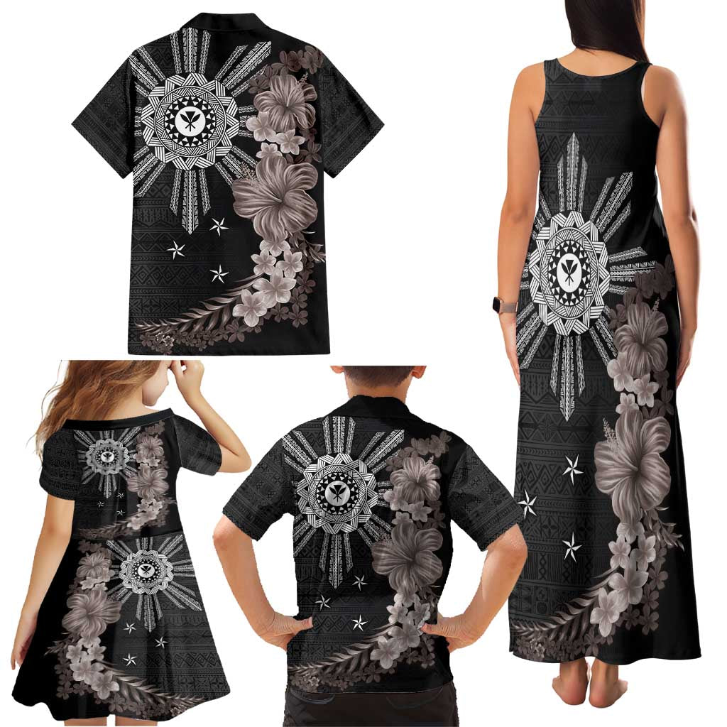 Hawaii and Philippines Together Family Matching Tank Maxi Dress and Hawaiian Shirt Hibiscus Flower and Sun Badge Polynesian Pattern Grayscale LT03 - Polynesian Pride