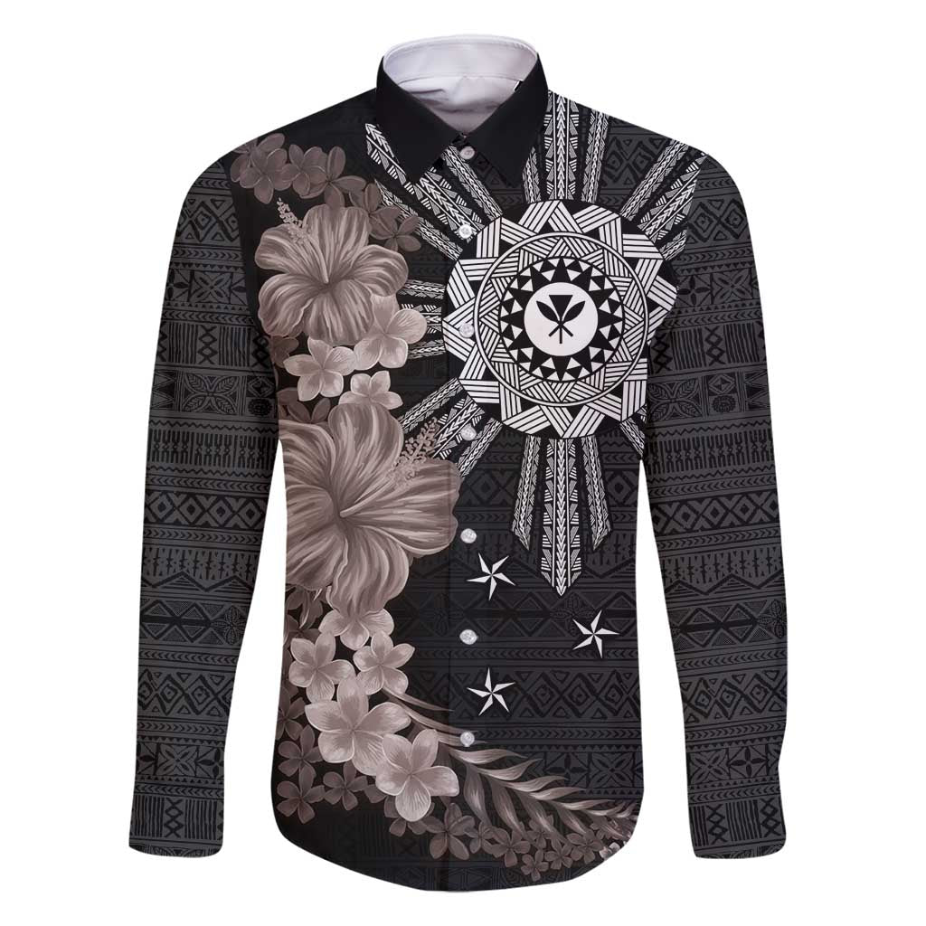 Hawaii and Philippines Together Family Matching Tank Maxi Dress and Hawaiian Shirt Hibiscus Flower and Sun Badge Polynesian Pattern Grayscale LT03 Dad's Shirt - Long Sleeve Black - Polynesian Pride