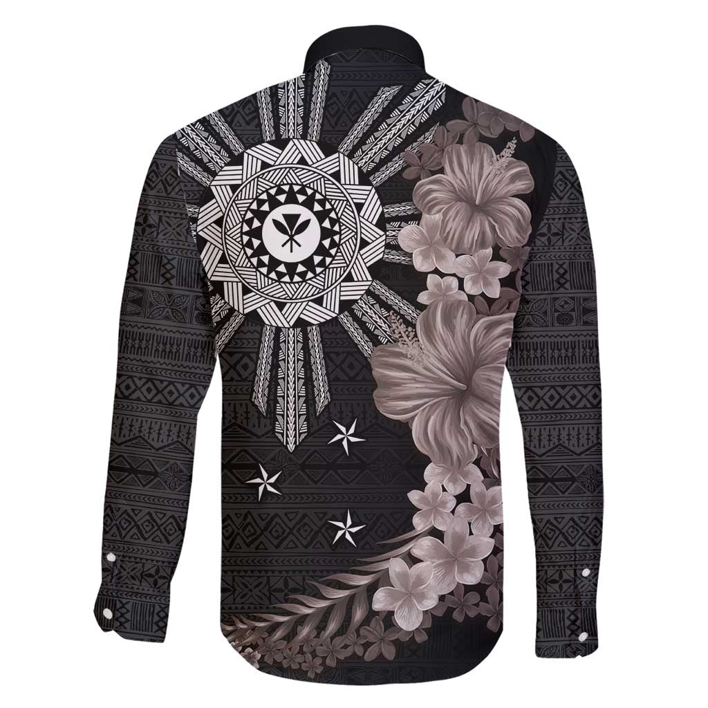 Hawaii and Philippines Together Family Matching Tank Maxi Dress and Hawaiian Shirt Hibiscus Flower and Sun Badge Polynesian Pattern Grayscale LT03 - Polynesian Pride
