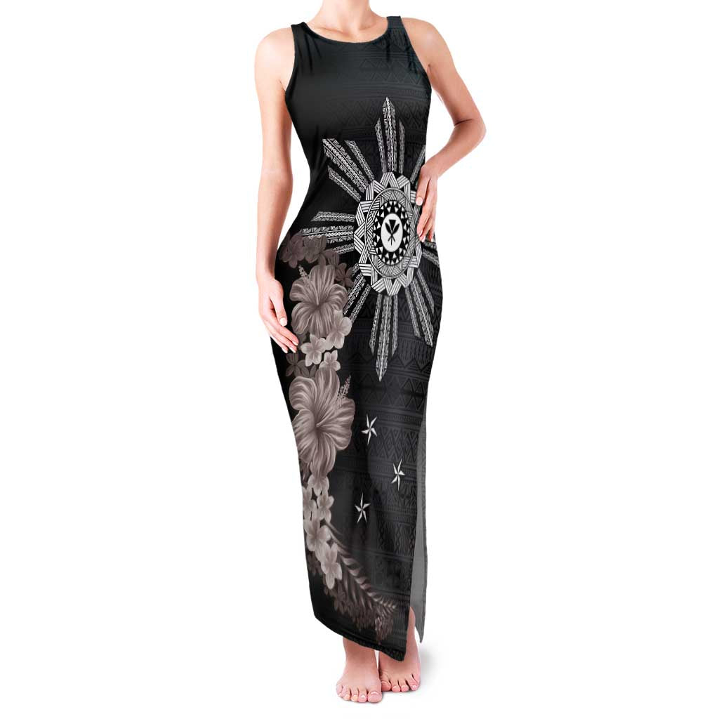 Hawaii and Philippines Together Family Matching Tank Maxi Dress and Hawaiian Shirt Hibiscus Flower and Sun Badge Polynesian Pattern Grayscale LT03 Mom's Dress Black - Polynesian Pride
