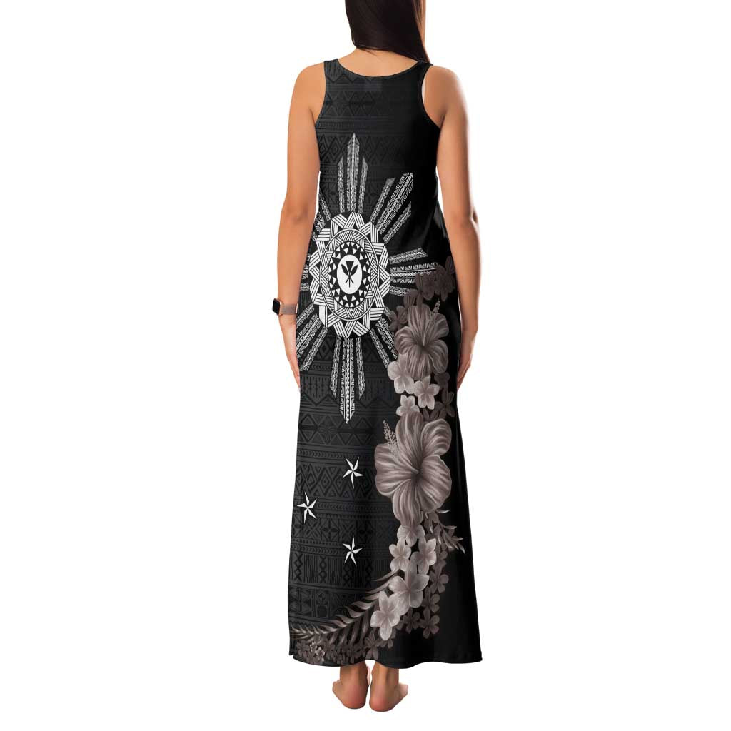 Hawaii and Philippines Together Family Matching Tank Maxi Dress and Hawaiian Shirt Hibiscus Flower and Sun Badge Polynesian Pattern Grayscale LT03 - Polynesian Pride