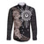 Hawaii and Philippines Together Long Sleeve Button Shirt Hibiscus Flower and Sun Badge Polynesian Pattern Grayscale
