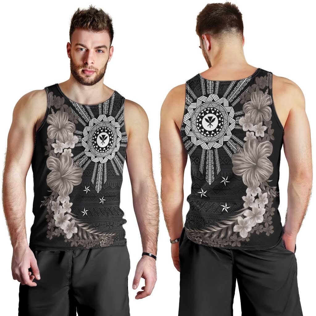 Hawaii and Philippines Together Men Tank Top Hibiscus Flower and Sun Badge Polynesian Pattern Grayscale