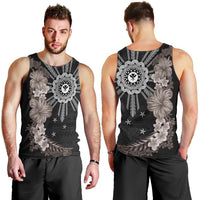 Hawaii and Philippines Together Men Tank Top Hibiscus Flower and Sun Badge Polynesian Pattern Grayscale