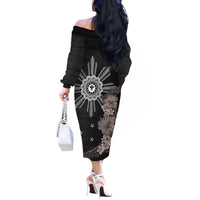 Hawaii and Philippines Together Off The Shoulder Long Sleeve Dress Hibiscus Flower and Sun Badge Polynesian Pattern Grayscale LT03 - Polynesian Pride