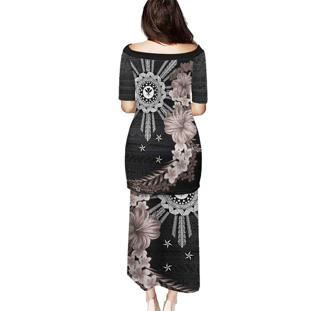 Hawaii and Philippines Together Puletasi Hibiscus Flower and Sun Badge Polynesian Pattern Grayscale