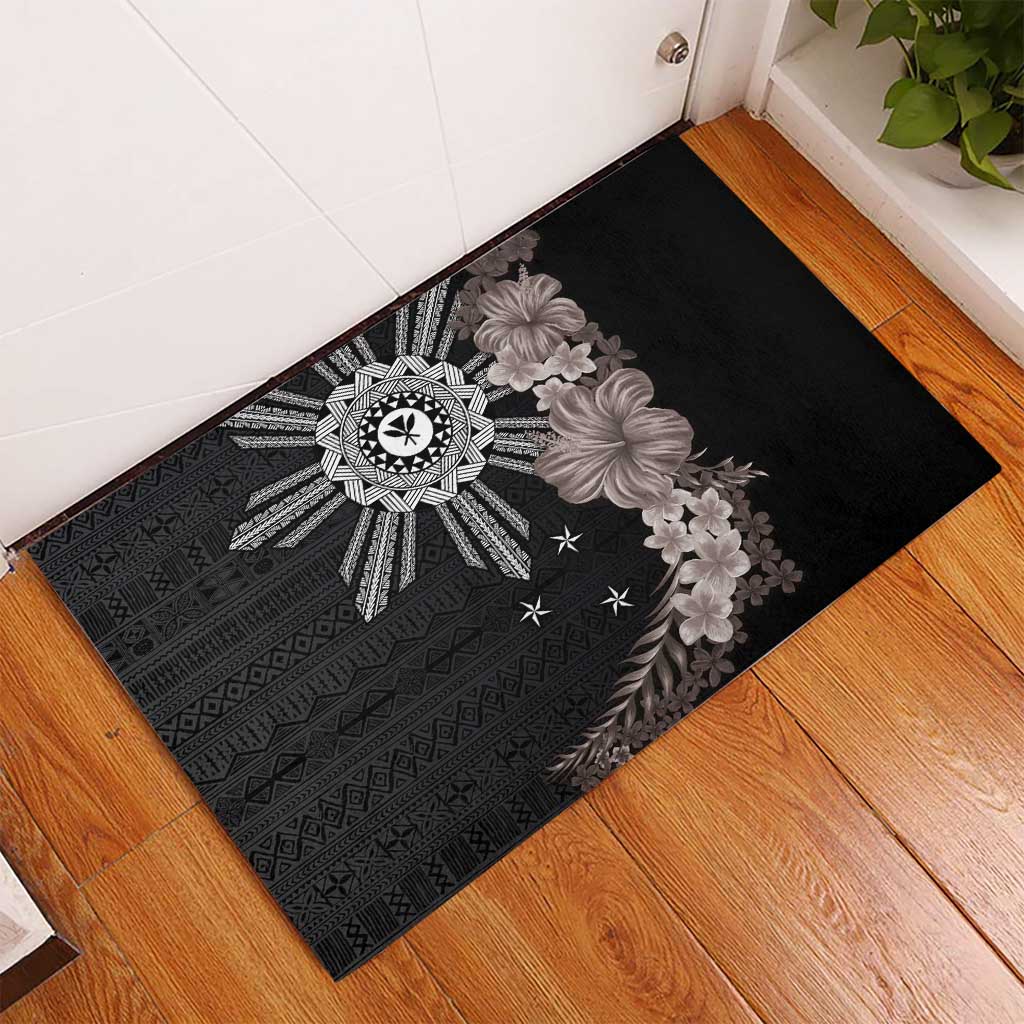 Hawaii and Philippines Together Rubber Doormat Hibiscus Flower and Sun Badge Polynesian Pattern Grayscale LT03 - Polynesian Pride