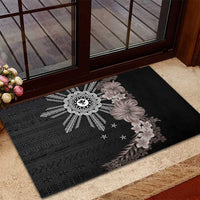 Hawaii and Philippines Together Rubber Doormat Hibiscus Flower and Sun Badge Polynesian Pattern Grayscale LT03 - Polynesian Pride