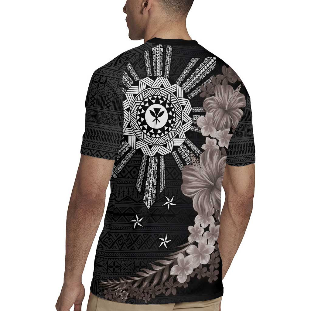 Hawaii and Philippines Together Rugby Jersey Hibiscus Flower and Sun Badge Polynesian Pattern Grayscale