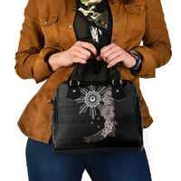 Hawaii and Philippines Together Shoulder Handbag Hibiscus Flower and Sun Badge Polynesian Pattern Grayscale
