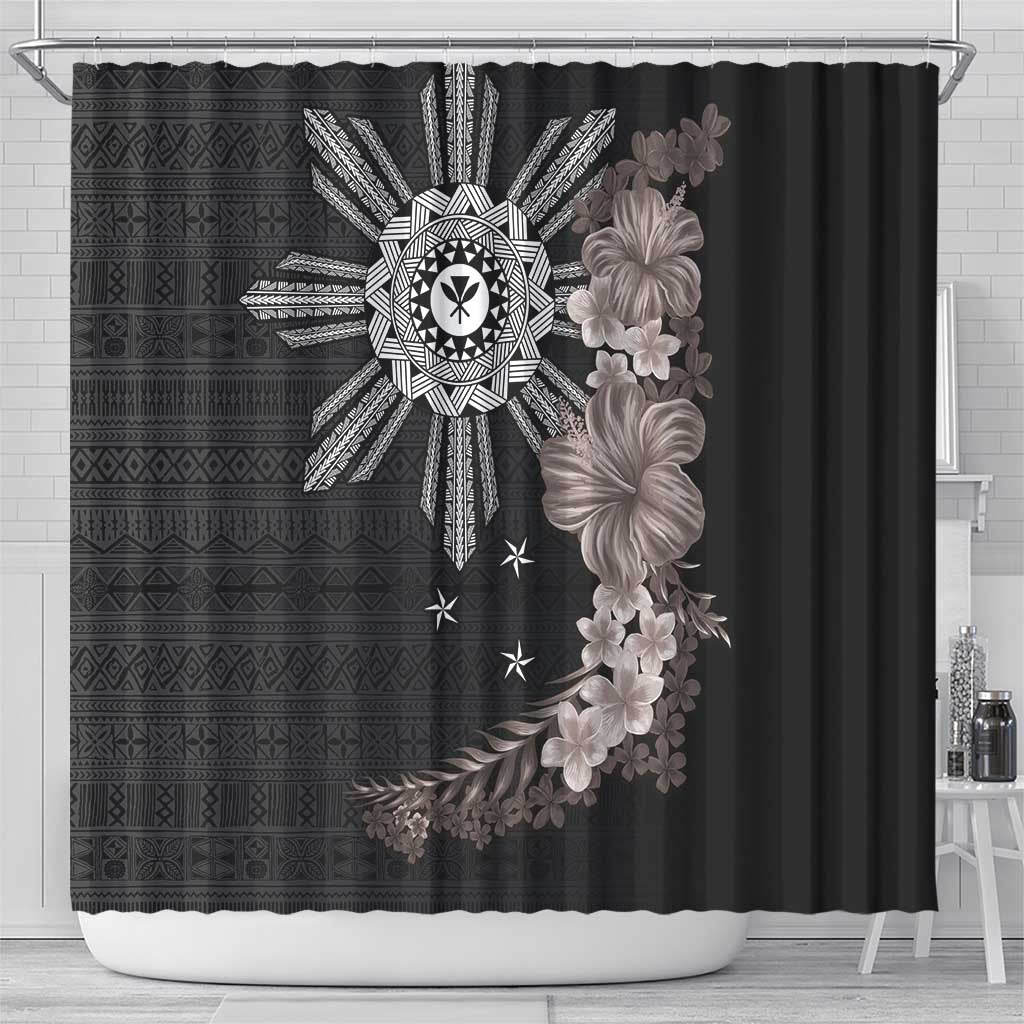 Hawaii and Philippines Together Shower Curtain Hibiscus Flower and Sun Badge Polynesian Pattern Grayscale LT03 - Polynesian Pride