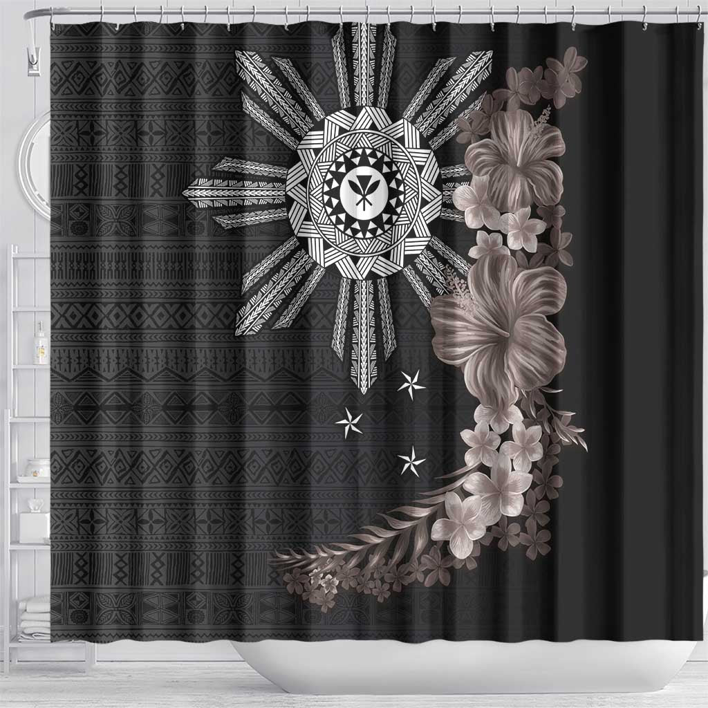 Hawaii and Philippines Together Shower Curtain Hibiscus Flower and Sun Badge Polynesian Pattern Grayscale LT03 - Polynesian Pride