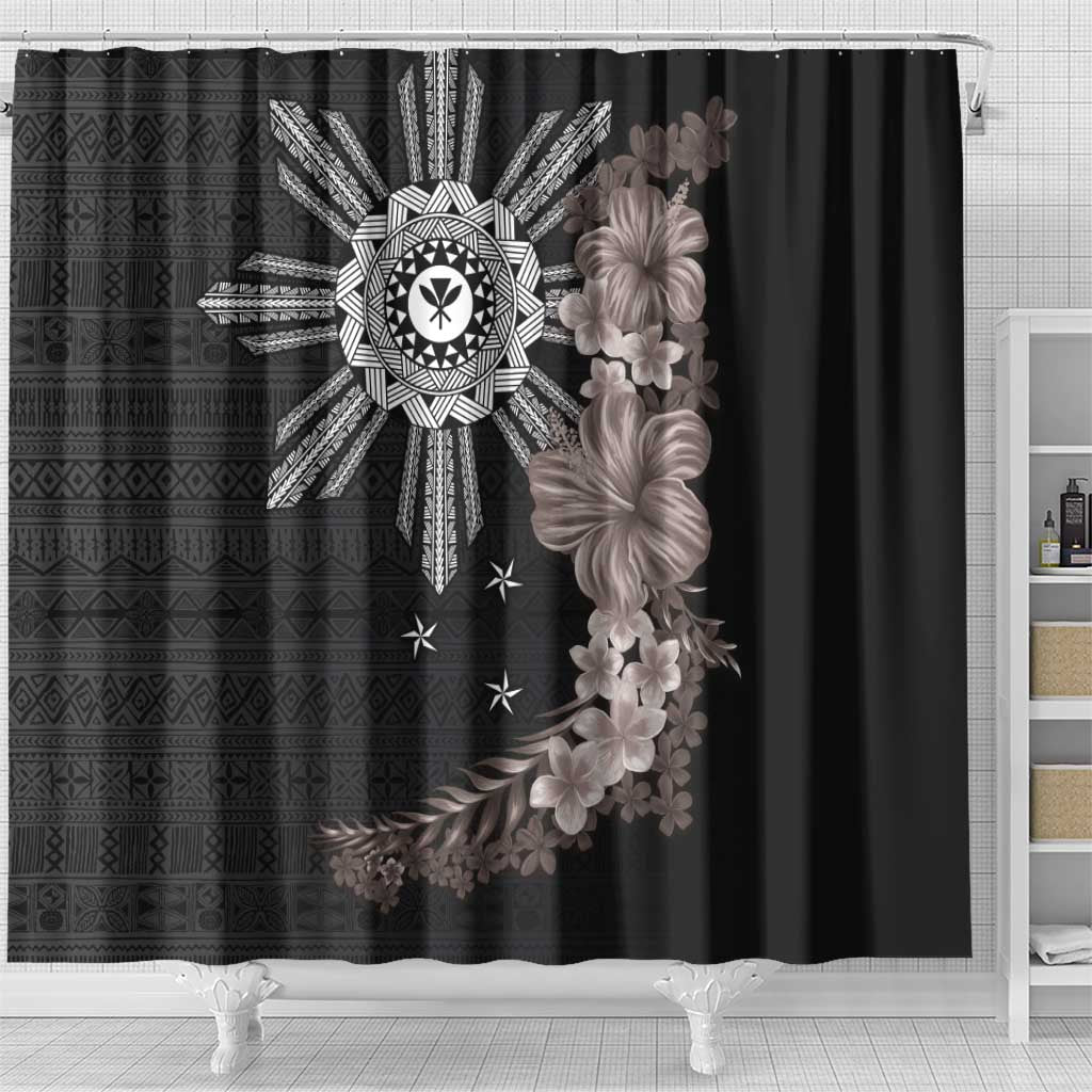 Hawaii and Philippines Together Shower Curtain Hibiscus Flower and Sun Badge Polynesian Pattern Grayscale LT03 - Polynesian Pride