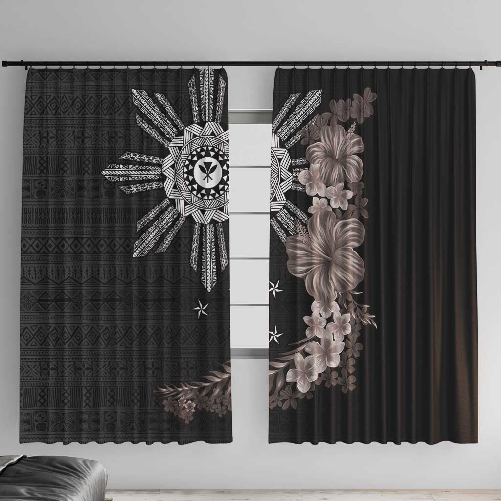 Hawaii and Philippines Together Window Curtain Hibiscus Flower and Sun Badge Polynesian Pattern Grayscale LT03 With Hooks Black - Polynesian Pride