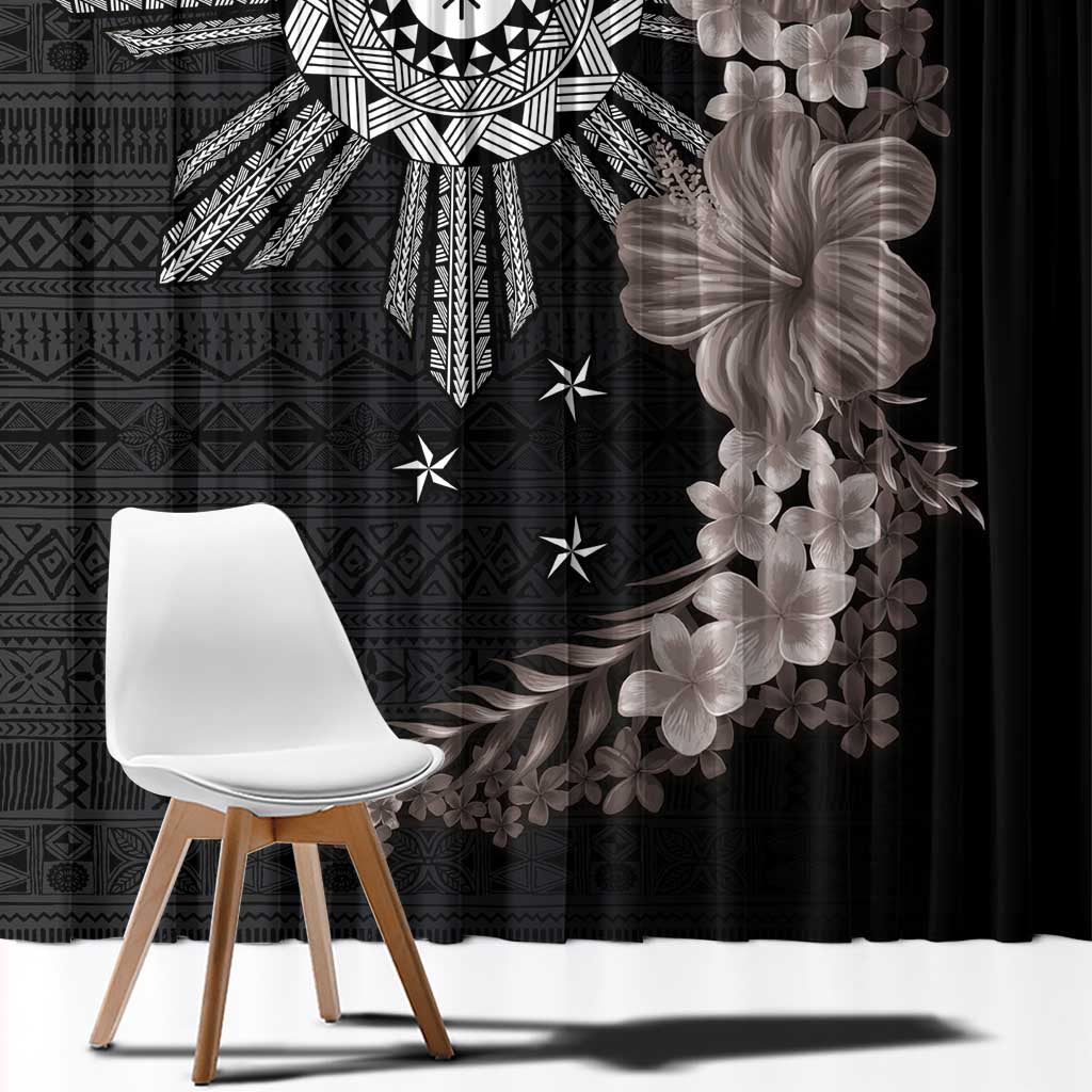 Hawaii and Philippines Together Window Curtain Hibiscus Flower and Sun Badge Polynesian Pattern Grayscale LT03 - Polynesian Pride