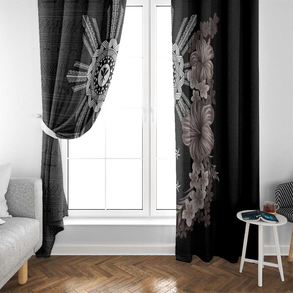Hawaii and Philippines Together Window Curtain Hibiscus Flower and Sun Badge Polynesian Pattern Grayscale LT03 - Polynesian Pride