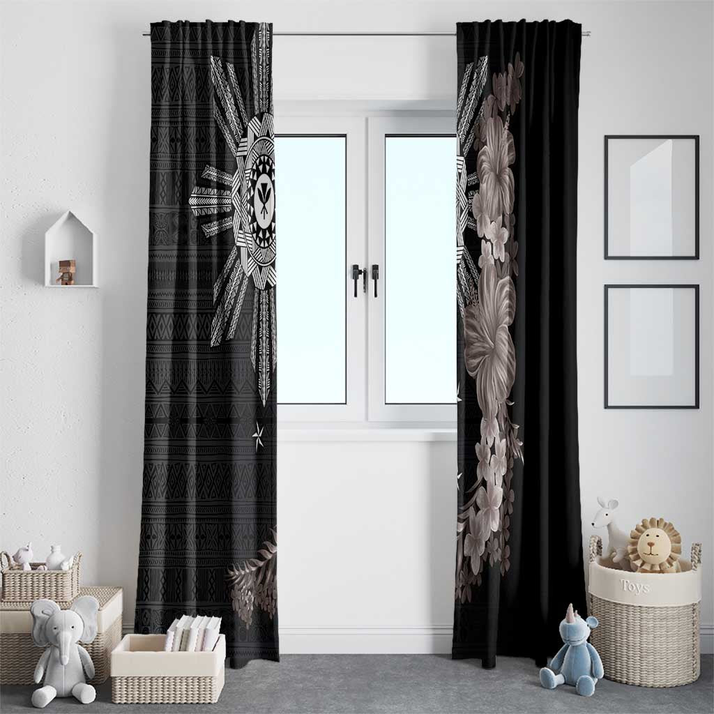 Hawaii and Philippines Together Window Curtain Hibiscus Flower and Sun Badge Polynesian Pattern Grayscale LT03 - Polynesian Pride