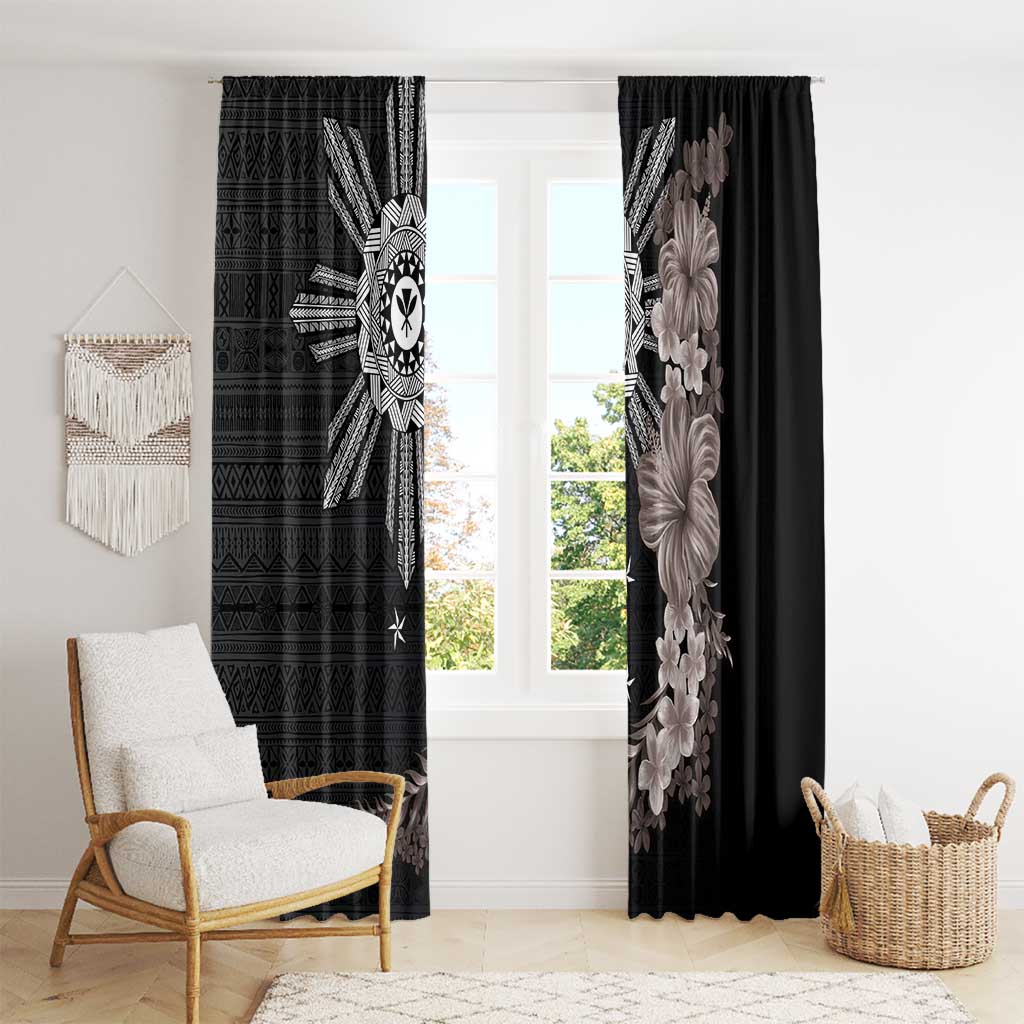Hawaii and Philippines Together Window Curtain Hibiscus Flower and Sun Badge Polynesian Pattern Grayscale LT03 - Polynesian Pride