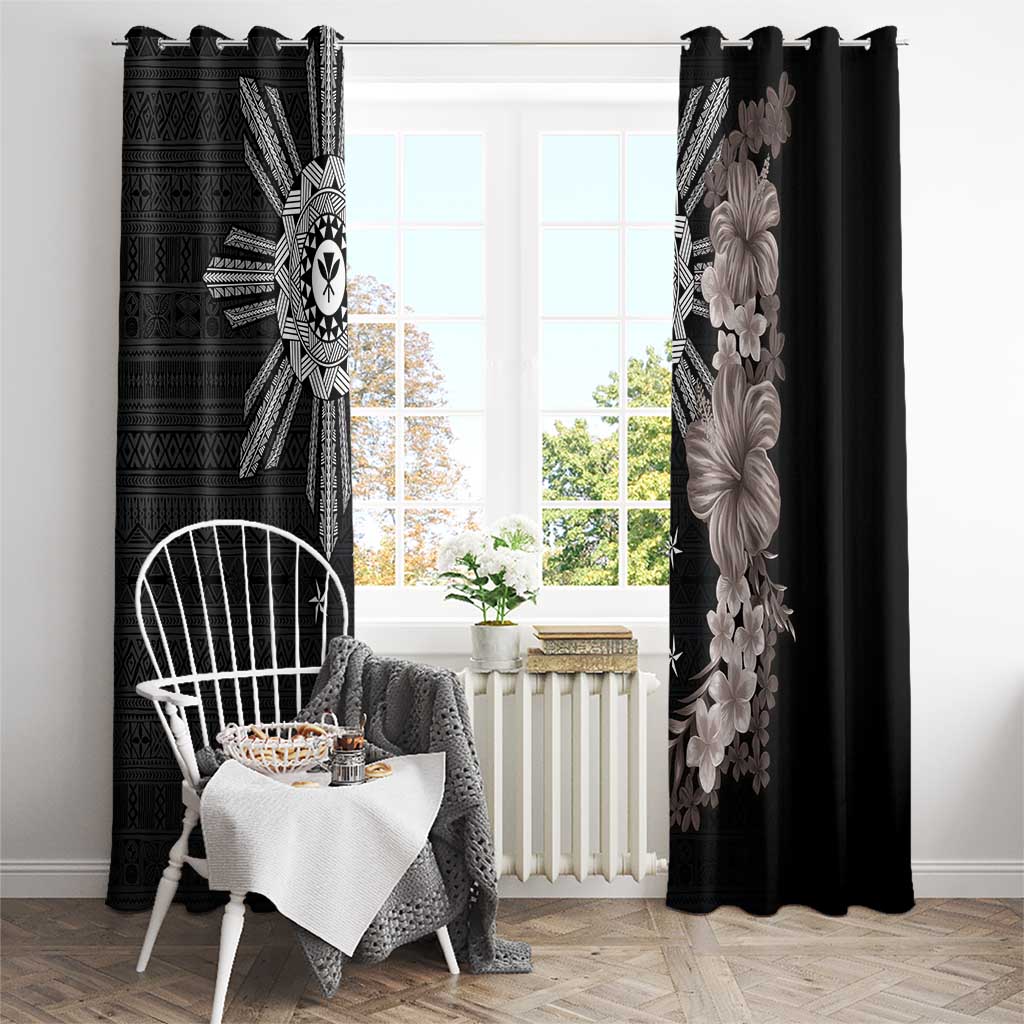 Hawaii and Philippines Together Window Curtain Hibiscus Flower and Sun Badge Polynesian Pattern Grayscale LT03 - Polynesian Pride