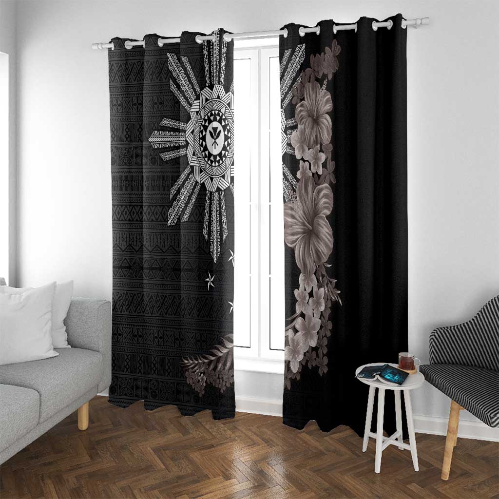 Hawaii and Philippines Together Window Curtain Hibiscus Flower and Sun Badge Polynesian Pattern Grayscale LT03 With Grommets Black - Polynesian Pride